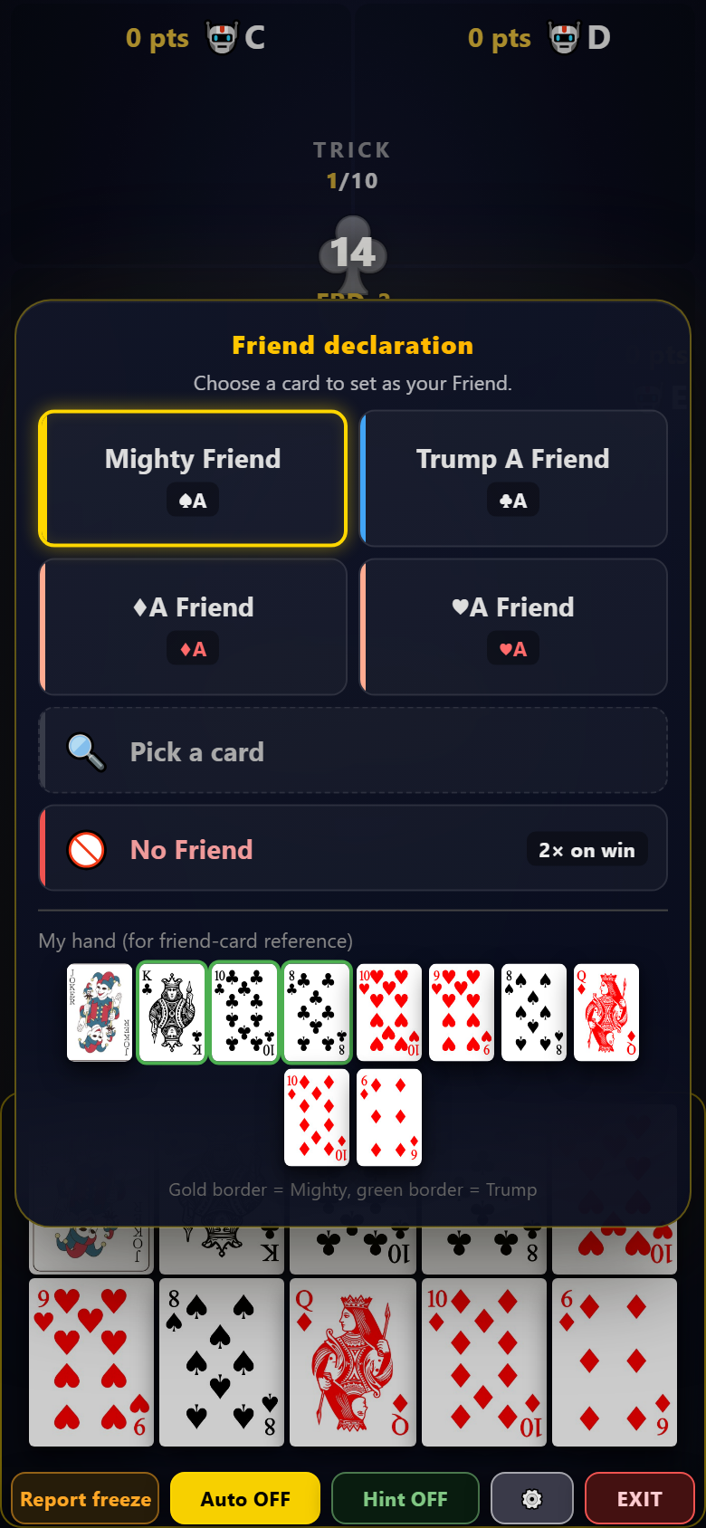 Friend selection screen — Joker friend, trump-A friend, or No Friend
