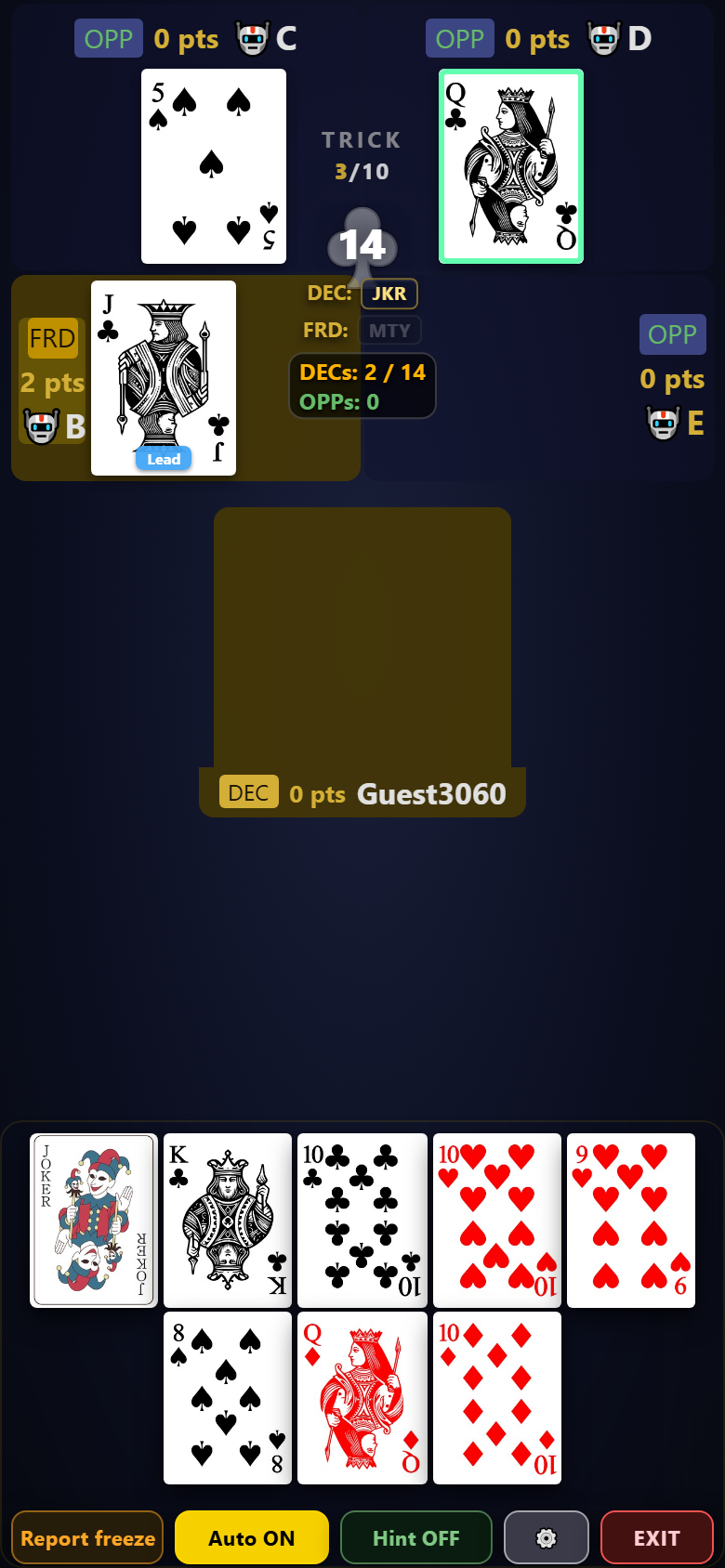 Mighty game screen — declarer and friend in gold, defenders in indigo